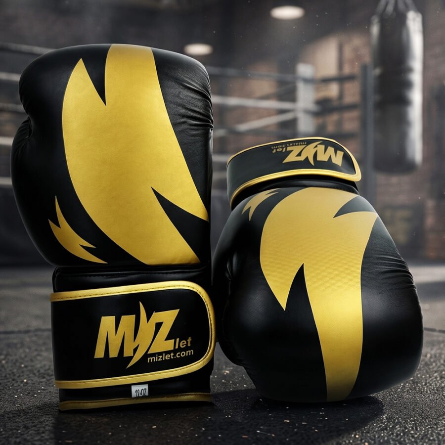 Mizlet Gold Elite black and gold boxing gloves in a boxing gym